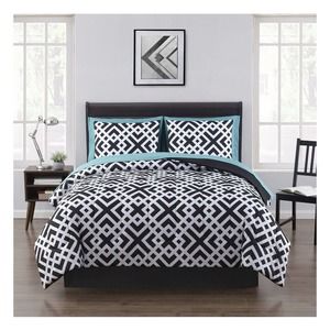 NEW Mainstays twin comforter 6 piece bed in bag Black, White, & Teal Geo Pattern